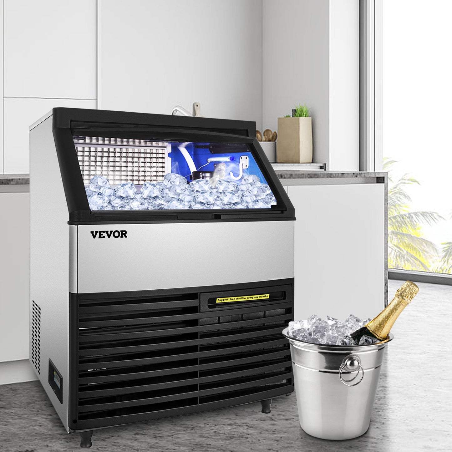 VEVOR 110V Commercial Ice Maker 440LBS/24H with 99LBS Storage Capacity Commercial Ice Machine 144 Ice Cubes Per Plate Include Scoop and Connection Hoses Auto Clean for Bar Home Supermarkets Restaurant