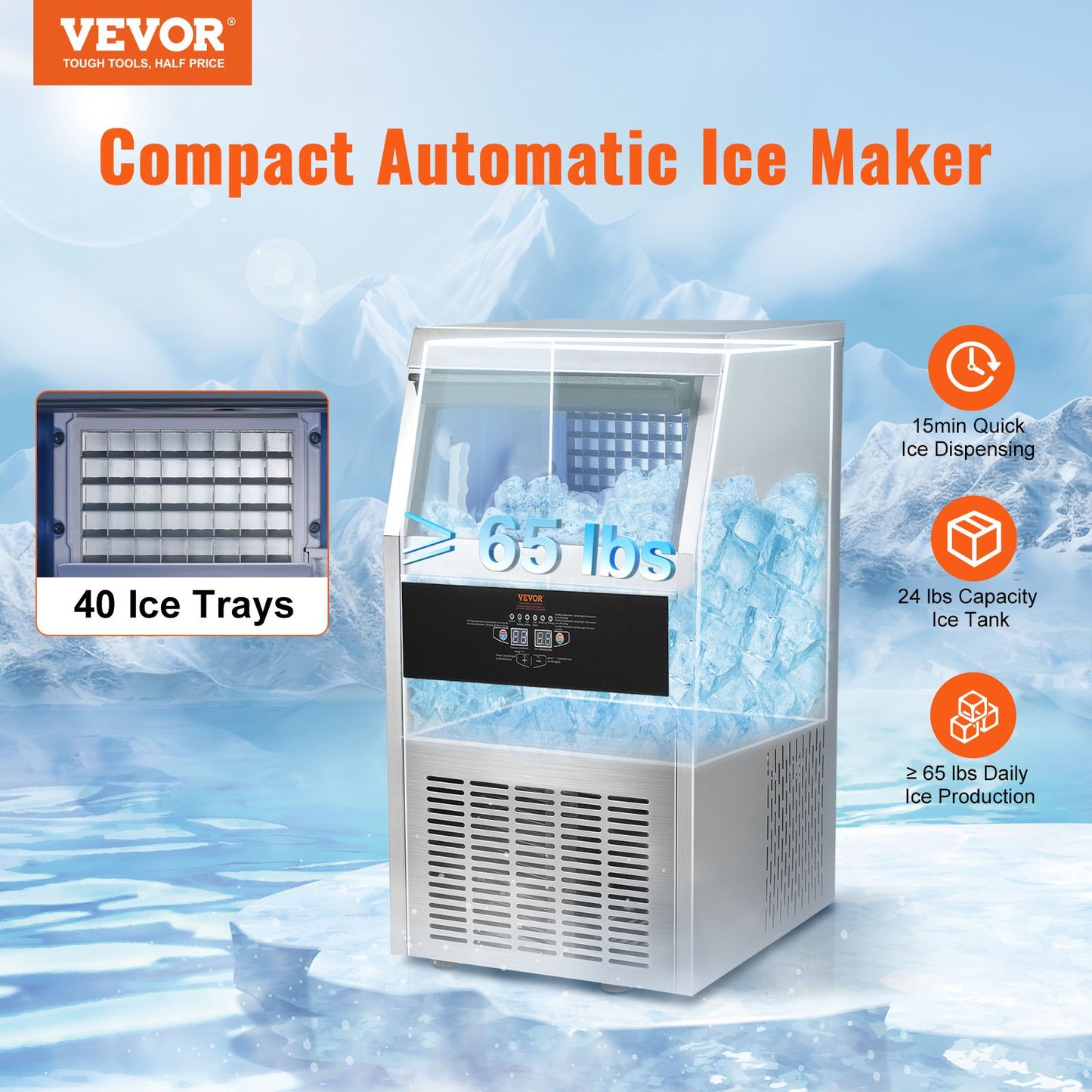 VEVOR 110V Commercial Ice Maker 65LBS/24H with 24LBS Bin, Full Heavy Duty Stainless Steel Construction, Automatic Operation, Clear Cube for Home Bar, Include Water Filter, Scoop, Connection Hose