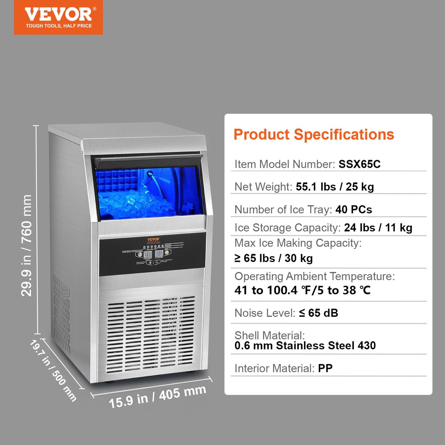 VEVOR 110V Commercial Ice Maker 65LBS/24H with 24LBS Bin, Full Heavy Duty Stainless Steel Construction, Automatic Operation, Clear Cube for Home Bar, Include Water Filter, Scoop, Connection Hose