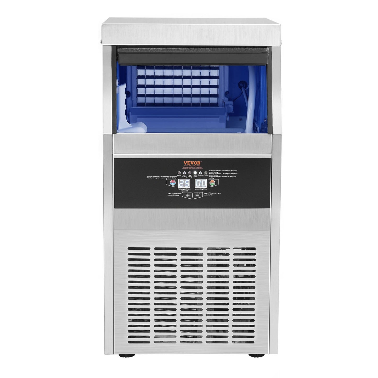 VEVOR 110V Commercial Ice Maker 65LBS/24H with 24LBS Bin, Full Heavy Duty Stainless Steel Construction, Automatic Operation, Clear Cube for Home Bar, Include Water Filter, Scoop, Connection Hose
