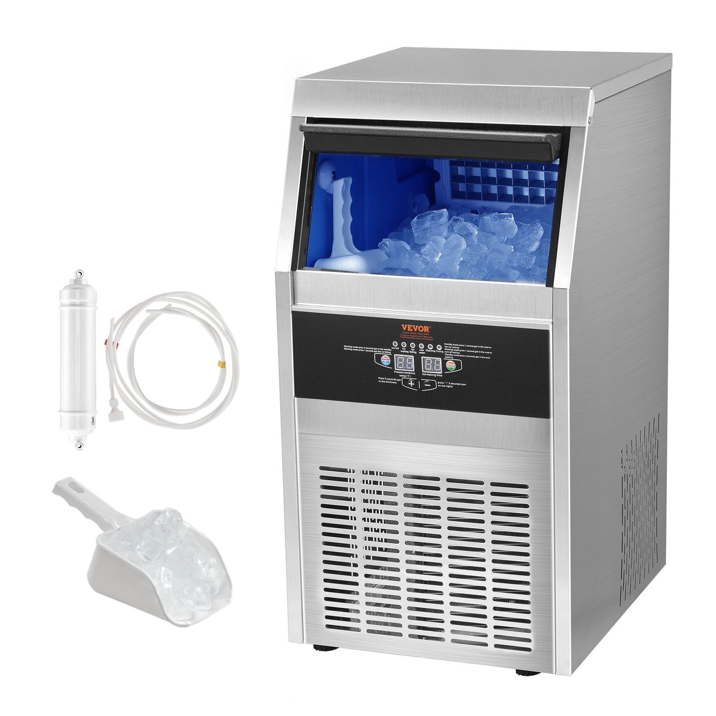 VEVOR 110V Commercial Ice Maker 65LBS/24H with 24LBS Bin, Full Heavy Duty Stainless Steel Construction, Automatic Operation, Clear Cube for Home Bar, Include Water Filter, Scoop, Connection Hose
