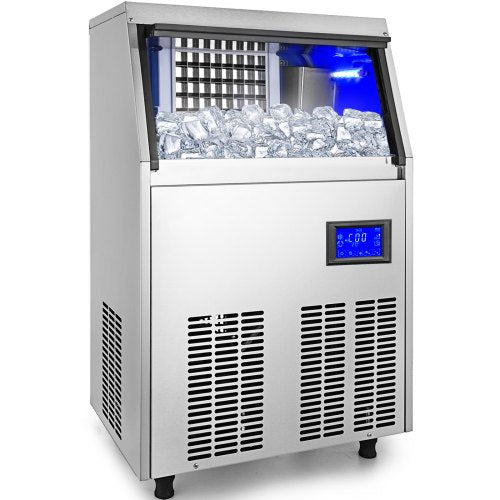VEVOR 110V Commercial Ice Maker 110 LBS in 24 Hrs with Water Drain Pump 33LBS Storage Stainless Steel Commercial Ice Machine 4x8 Ice Tray LCD Control Auto Clean for Bar Home Supermarkets