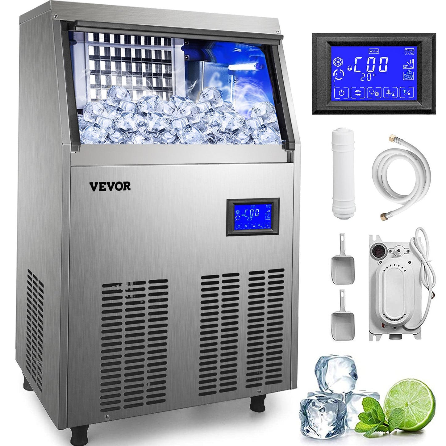 VEVOR 110V Commercial Ice Maker 110 LBS in 24 Hrs with Water Drain Pump 33LBS Storage Stainless Steel Commercial Ice Machine 4x8 Ice Tray LCD Control Auto Clean for Bar Home Supermarkets