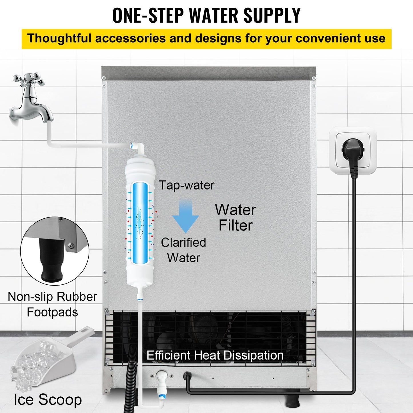 VEVOR 110V Commercial Ice Maker Machine 110LBS/24H with 39LBS Bin, LED Panel, Stainless Steel, Auto Clean, Include Water Filter, Scoop, Connection Hose, Professional Refrigeration Equipment