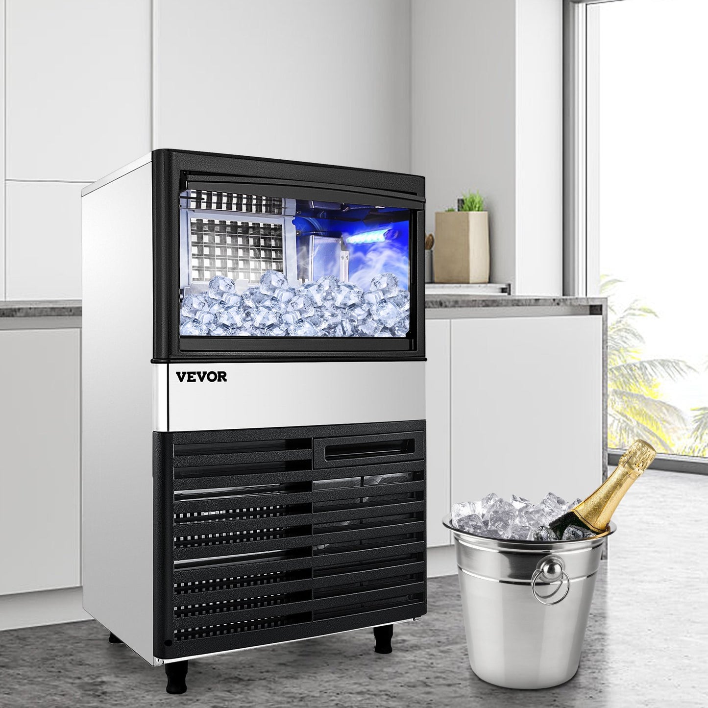 VEVOR 110V Commercial Ice Maker Machine 110LBS/24H with 39LBS Bin, LED Panel, Stainless Steel, Auto Clean, Include Water Filter, Scoop, Connection Hose, Professional Refrigeration Equipment