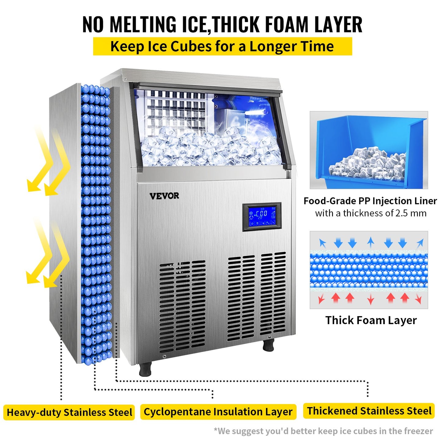 VEVOR 110V Commercial ice Maker Machine 90-100LBS/24H Stainless Steel Under Counter Ice Machine with 33LBS Bin for Home Bar, Electric Water Drain Pump,Water Filter,Scoops,Connection Hose Included