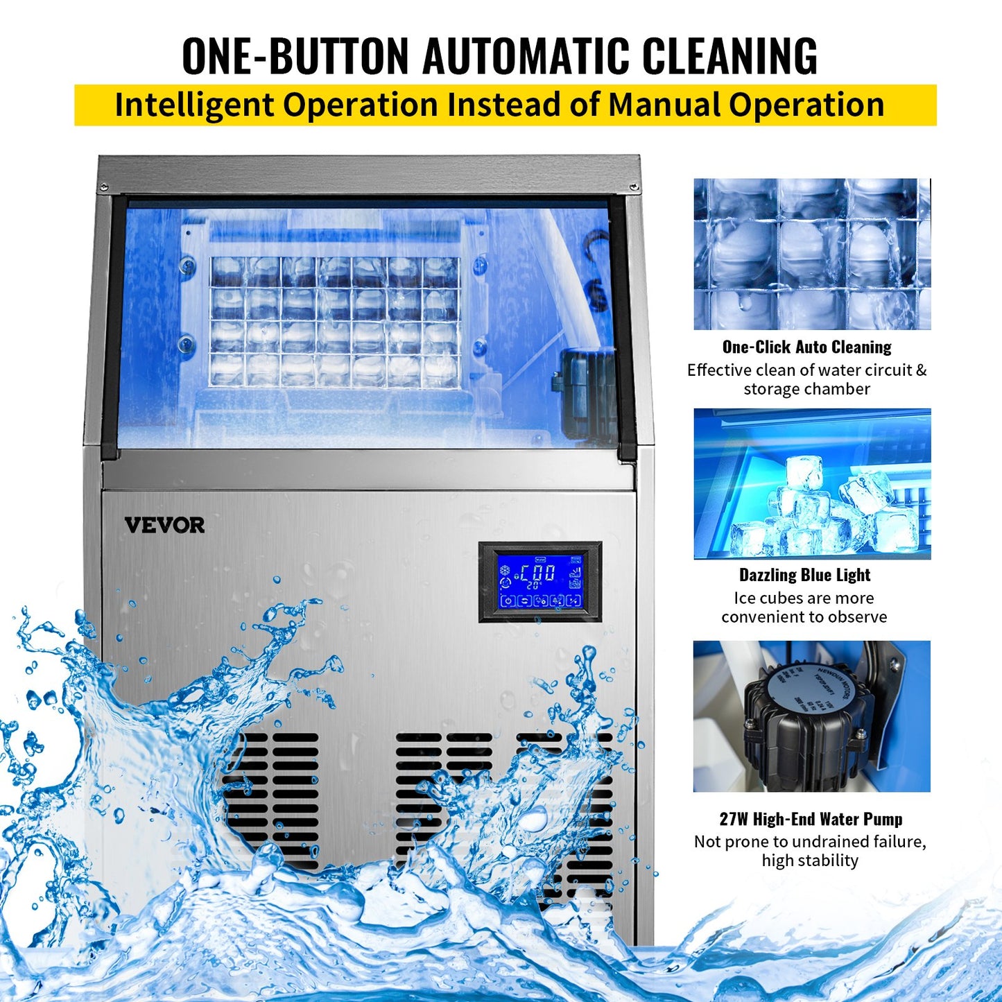 VEVOR 110V Commercial ice Maker Machine 90-100LBS/24H Stainless Steel Under Counter Ice Machine with 33LBS Bin for Home Bar, Electric Water Drain Pump,Water Filter,Scoops,Connection Hose Included