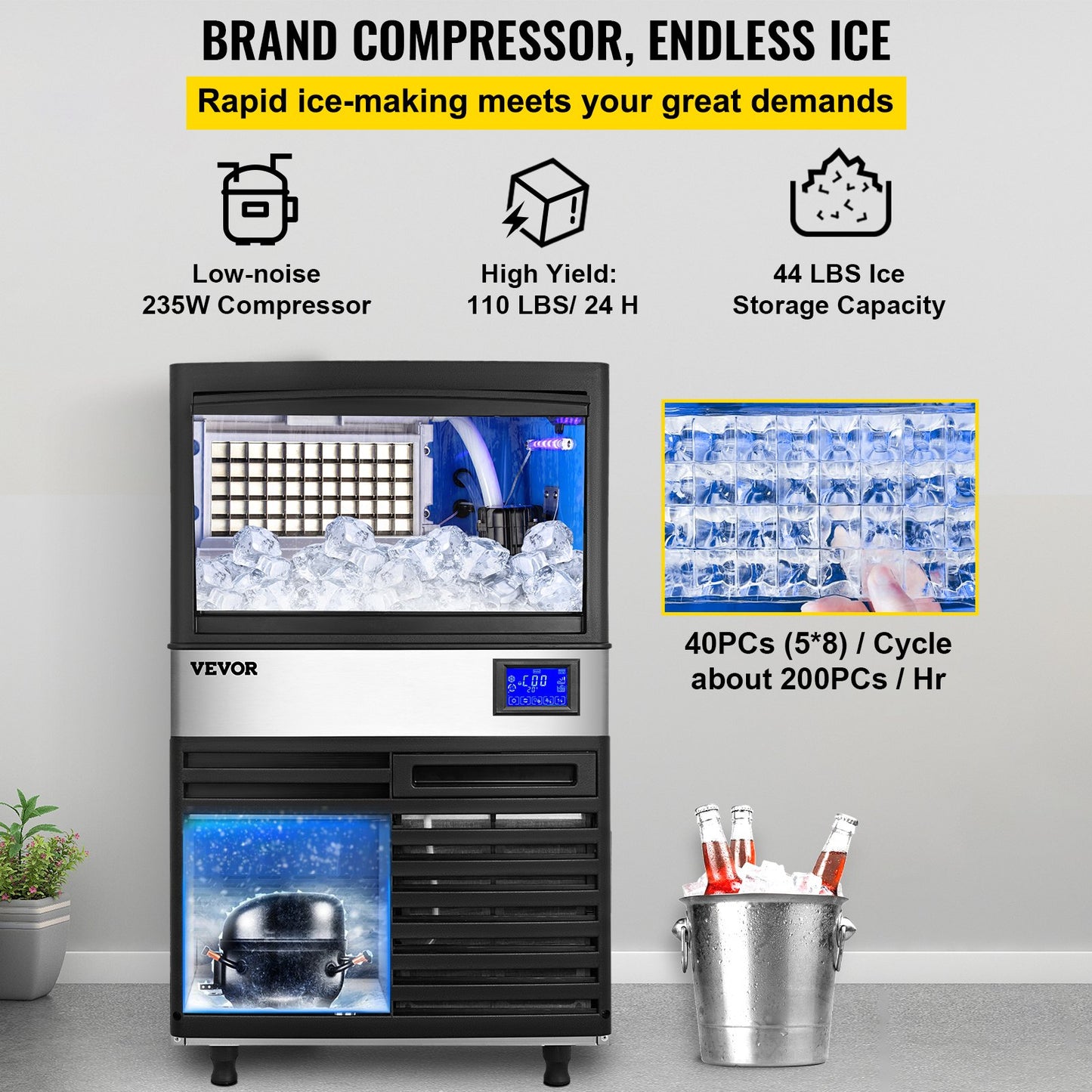 VEVOR 110V Commercial ice Maker Machine 110LBS/24H with 39LBS Bin and Electric Water Drain Pump, Stainless Steel Ice Machine, Auto Operation, Include Water Filter 2 Scoops and Connection Hose