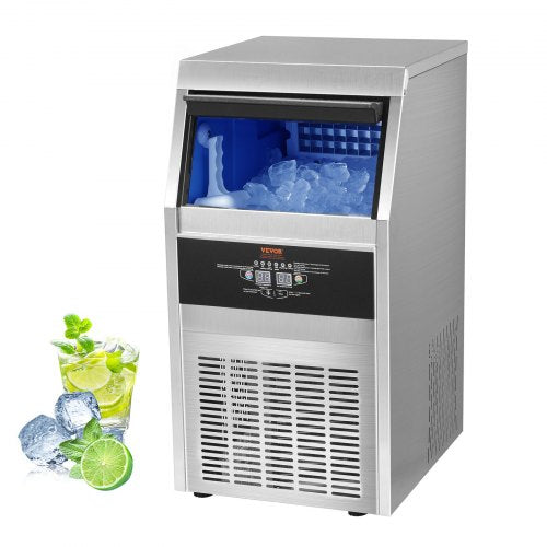 VEVOR 110V Commercial Ice Maker Machine 90LBS/24H with 24LBS Bin, Stainless Steel Automatic Operation Under Counter Ice Machine for Home Bar, Include Water Filter, Scoop, Connection Hose
