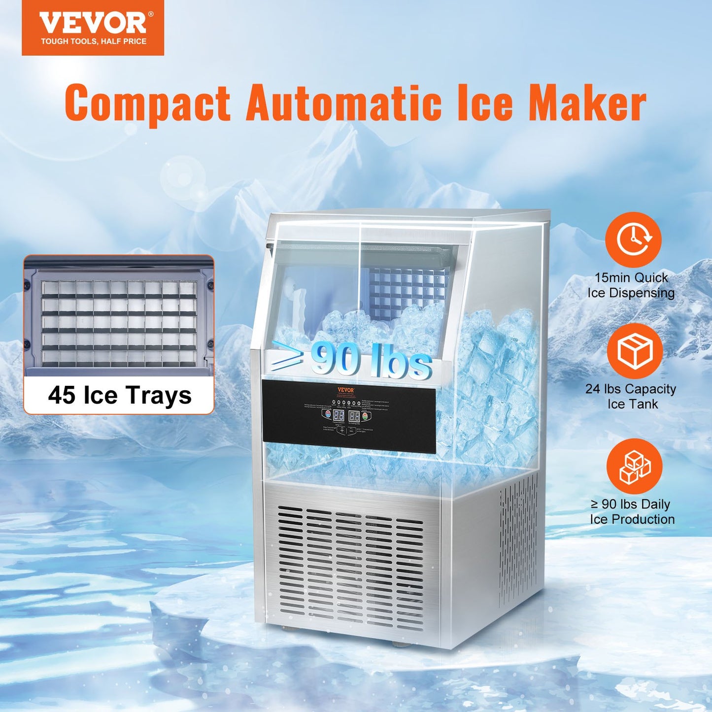 VEVOR 110V Commercial Ice Maker Machine 90LBS/24H with 24LBS Bin, Stainless Steel Automatic Operation Under Counter Ice Machine for Home Bar, Include Water Filter, Scoop, Connection Hose