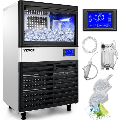 VEVOR 110V Commercial ice Maker Machine 132LBS/24H with 44LBS Bin and Electric Water Drain Pump, Stainless Steel Ice Machine, Auto Operation, Include Water Filter 2 Scoops and Connection Hose