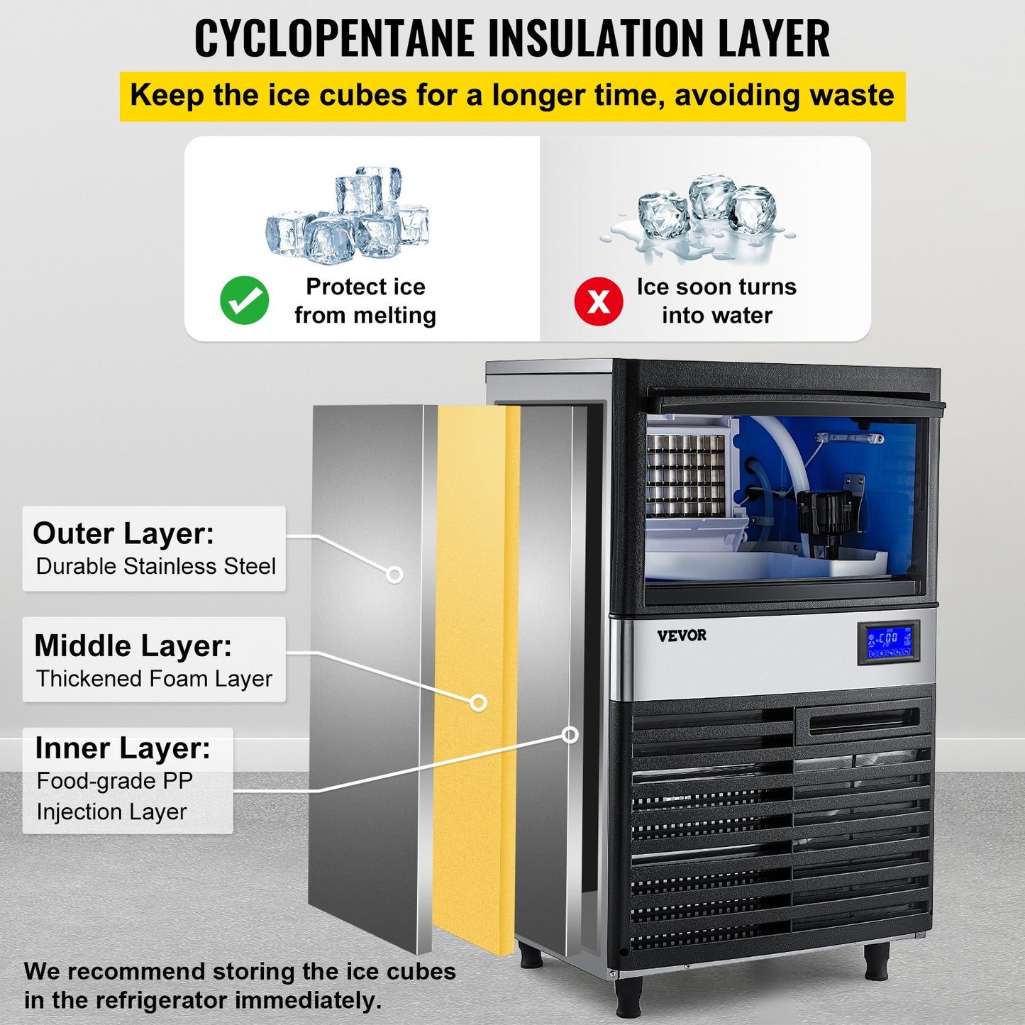 VEVOR 110V Commercial ice Maker Machine 132LBS/24H with 44LBS Bin and Electric Water Drain Pump, Stainless Steel Ice Machine, Auto Operation, Include Water Filter 2 Scoops and Connection Hose