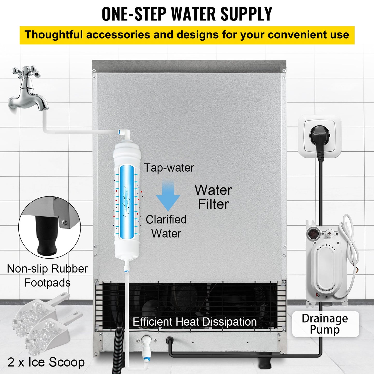 VEVOR 110V Commercial ice Maker Machine 132LBS/24H with 44LBS Bin and Electric Water Drain Pump, Stainless Steel Ice Machine, Auto Operation, Include Water Filter 2 Scoops and Connection Hose