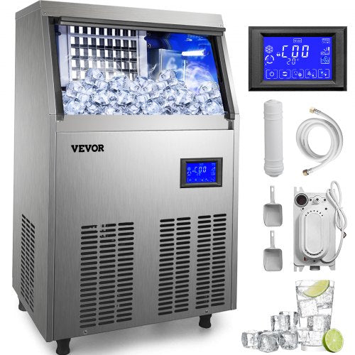 VEVOR 110V Commercial Ice Maker Machine 120-130LBS/24H 33LBS Storage Commercial Ice Machine Fully Upgrade Under Counter Ice Machine for Home Bar, Water Drain Pump/Water Filter/Scoops Included