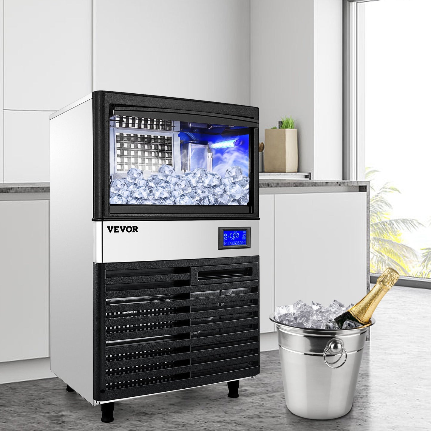 VEVOR 110V Commercial ice Maker Machine 155LBS/24H with 39LBS Bin and Electric Water Drain Pump, Stainless Steel Ice Machine, Auto Operation, Include Water Filter 2 Scoops and Connection Hose