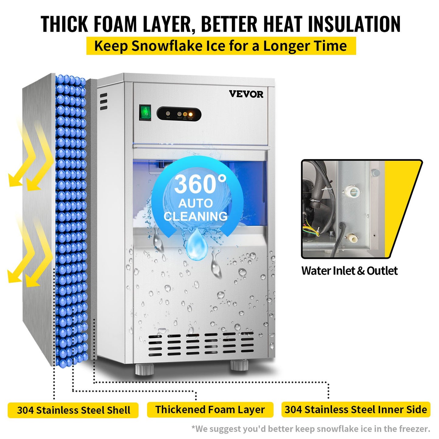 VEVOR Commercial Snowflake Ice Maker, 55LBS/24H ETL Approved Food Grade Stainless Steel Flake Ice Machine Freestanding Commercial Ice Machine for Seafood Restaurant, Water Filter and Spoon Included