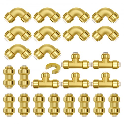 Pipe Fittings, 1/2' 25PCS (10xStraight, 10xElbows, 5xTees) Brass Pipe Fittings, Push-Fit Pipe Connector Brass Air Fittings, Plumbing Fittings Adapter for Heating/Shower Systems, Water Pipes
