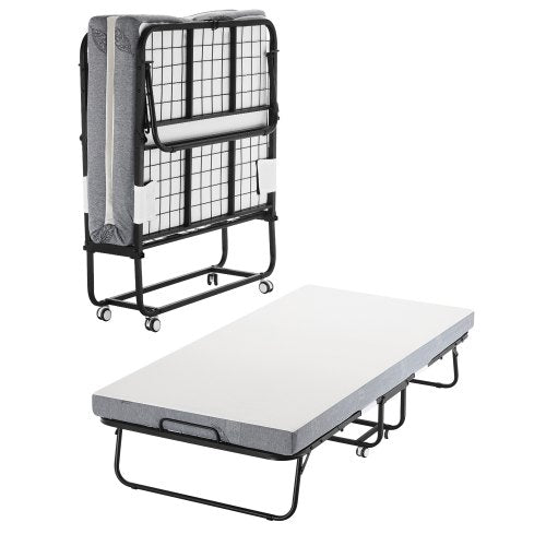 Rollaway Bed, 38 in x 75 in Folding Bed with 4 in Mattress, Twin Size Foldable Bed with Sturdy Metal Frame & Memory Foam Mattress, Portable Twin Roll Away Bed with Mattress, for Adults, Guest