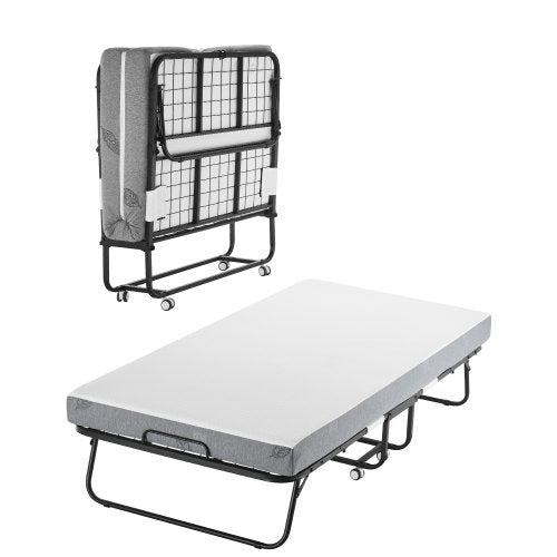 Rollaway Bed, 38 in x 75 in Folding Bed with 5 in Mattress, Twin Size Foldable Bed with Sturdy Metal Frame & Memory Foam Mattress, Portable Twin Roll Away Bed with Mattress, for Adults, Guest