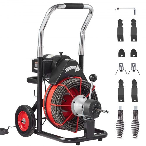 Drain Cleaner Machine 100FT x 3/8 Inch, Auto Feed Sewer Snake Auger on Wheels, 370W Portable Drain Cleaning Machine with 8 Cutters & Air-activated Foot Switch for 2' to 4' Pipes