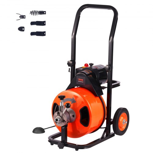 Drain Cleaning Machine 75 FT x 1/2 Inch, Sewer Auger Auto Feed with 4 Cutter & Air-activated Foot Switch for 1' to 4' Pipes, Orange, Black