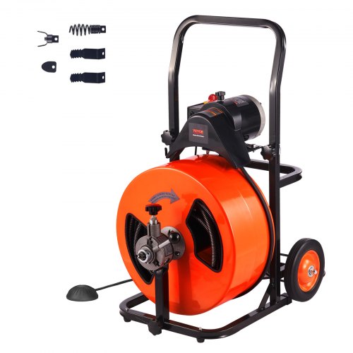 Drain Cleaning Machine 100FT x 3/4 Inch, Sewer Snake Machine Auto Feed, Drain Auger Cleaner with 4 Cutter & Air-Activated Foot Switch for 1' to 4' Pipes