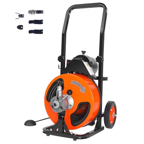 Drain Cleaning Machine 100FT x 3/8 Inch, Sewer Snake Machine Auto Feed, Drain Auger Cleaner with 4 Cutter & Air-Activated Foot Switch for 1' to 4' Pipes