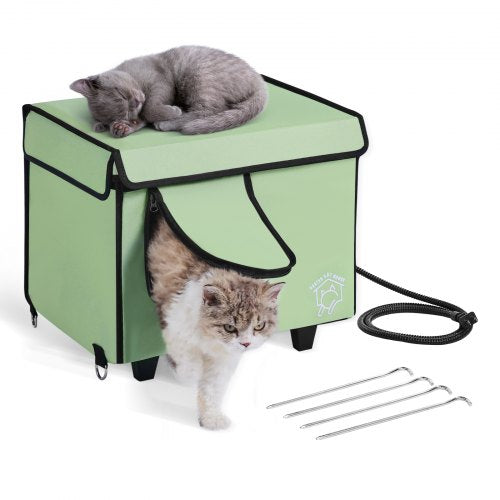 Elevated Heated Cat House, Cuboid Kitty Shelter with Adjustable Temperature and Timer, 900D Oxford Cloth Foldable Cat Shelter with Heated Pad  for Winter to Stay Warm and Cozy, Green (Small)