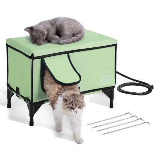 Elevated Heated Cat House, Cuboid Kitty Shelter with Adjustable Temperature and Timer, 900D Oxford Cloth Foldable Cat Shelter with Heated Pad  for Winter to Stay Warm and Cozy, Green (Large)