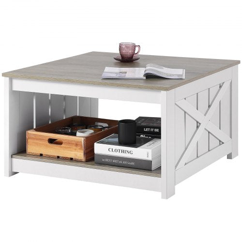 31.5' Farmhouse Coffee Table, Square Coffee Table with Open Storage Compartment, Wooden Rustic Cocktail Table for Living Room, Bedroom, Apartment, Studio, Gray & White