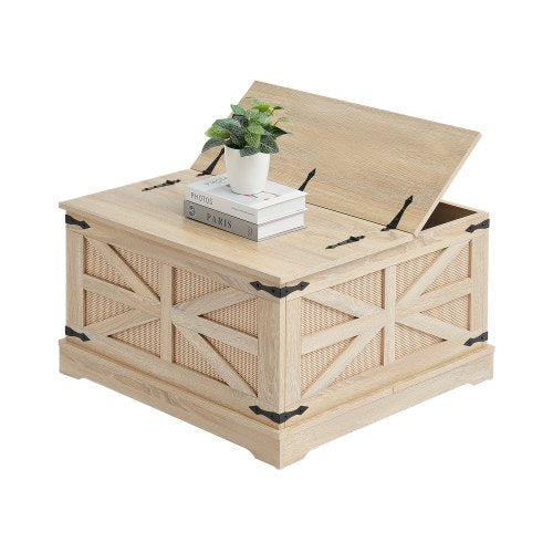 Rattan Coffee Table, Rectangle PE Rattan Woven Wood Coffee Table with MDF Top, 32-Inch Modern Boho Style Storage Coffee Table with Retro Metal Hinges, for Living Room, Bedroom & Small Spaces