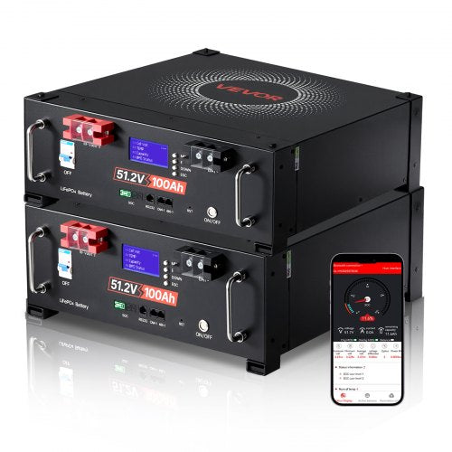 48V 200Ah LiFePO4 Lithium Battery, 2 Pack 100Ah, 10.24kWh Capacity, 51.2V Server Rack LiFePO4 Battery with Bluetooth, Max 6000 Cycles, LCD Display, for Off-Grid, Solar System, Backup Power
