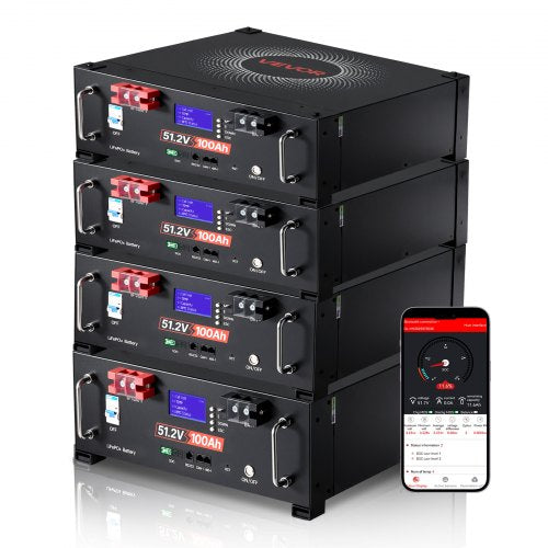 48V 400Ah LiFePO4 Lithium Battery, 4 Pack 100Ah, 20.48kWh Capacity, 51.2V Server Rack LiFePO4 Battery with Bluetooth, Max 6000 Cycles, LCD Display, for Off-Grid, Solar System, Backup Power