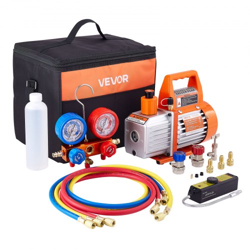 4 CFM AC Vacuum Pump and Gauge Set, 1/3 HP, Single Stage Rotary Vane HVAC Air Vacuum Pump, A/C?Refrigerant?Manifold Gauge Kit, with Leak Detector, Carry Bag, for R134a R22 R410a Refrigerants