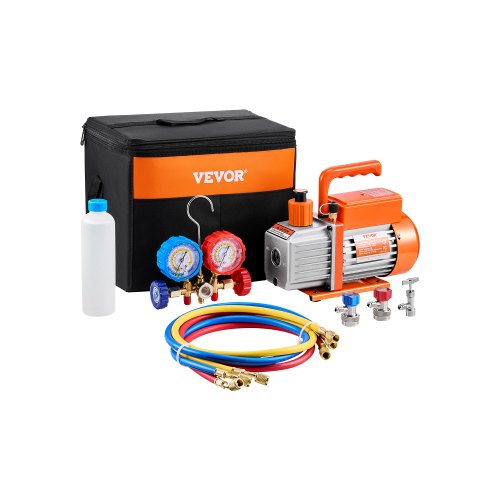 3.5 CFM AC Vacuum Pump and Gauge Set, Single Stage Rotary Vane HVAC Air Vacuum Pump, A/C?Refrigerant?Manifold Gauge Kit, with Hoses, Air Conditioning Refrigeration for R134a, R12, R22, R502a