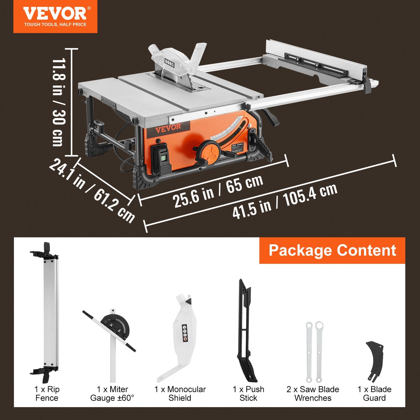 VEVOR 10 Table Saw Electric Cutting Machine 4500RPM 25-in Rip Capacity Woodwork