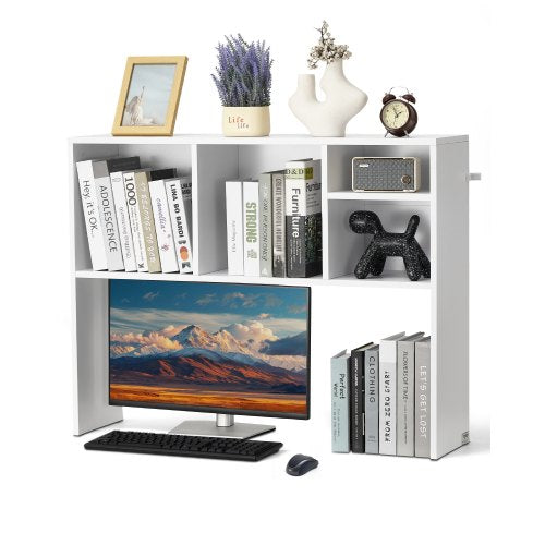 Desktop Bookshelf, 1-Tier Desktop Storage Organizer, 37' x 9.4' x 28.7' Office Storage Rack Wood Display Shelf, Desktop Bookshelf Hutch with Anti-Slip Feet Pads, for Office, Home & Dorm, White