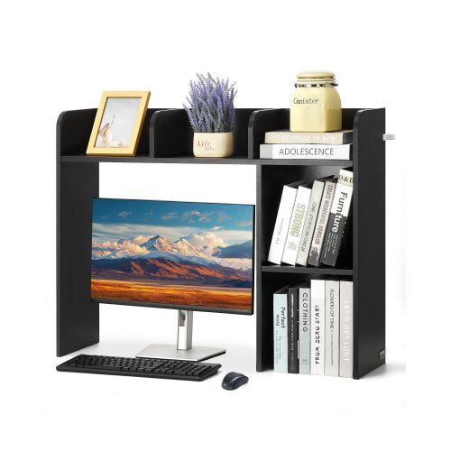Desktop Bookshelf, 2-Tier Desktop Storage Organizer, 37.2' x 9.5' x 28.9' Office Storage Rack Wood Display Shelf, Desktop Bookshelf Hutch with Anti-Slip Feet Pads, for Office, Home & Dorm, Black