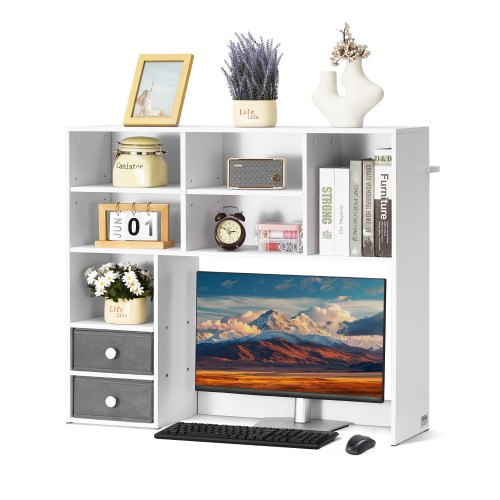 Desktop Bookshelf, 3-Tier Desktop Storage Organizer, 37' x 10' x 31.1' Office Storage Rack Wood Display Shelf, Desktop Bookshelf Hutch with Two Fabric Drawers, for Office, Home & Dorm, White