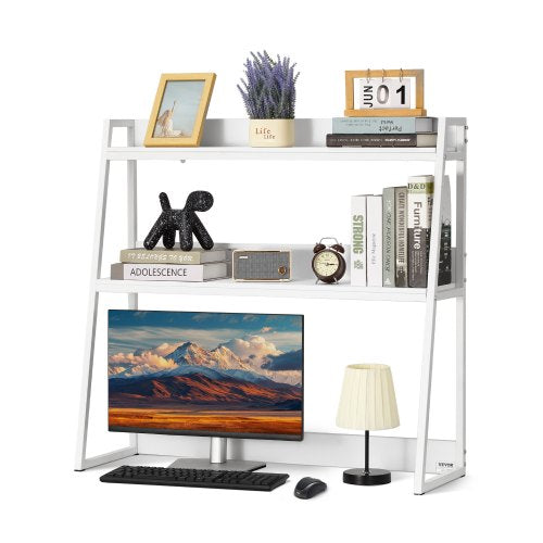 Desktop Bookshelf, 2-Tier Desktop Storage Organizer, 37.4' x 12.6' x 35.4' Office Desk Storage Rack Display Shelf, Desktop Bookshelf Hutch with Anti-Slip Feet Pads, for Office, Home & Dorm, White
