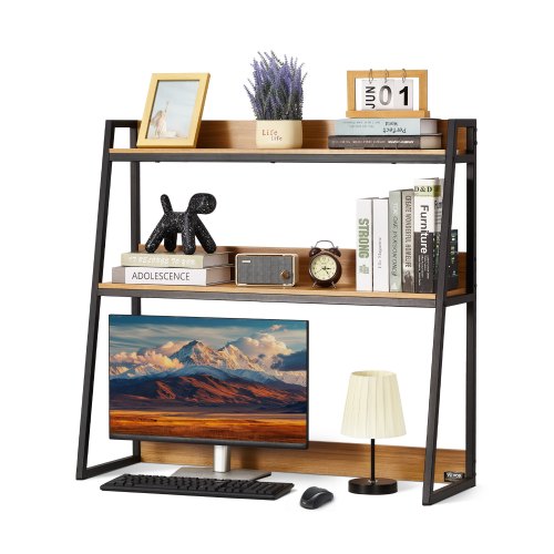 Desktop Bookshelf, 2-Tier Desktop Storage Organizer, 37.4' x 12.6' x 35.4' Office Storage Rack Wood Color Display Shelf, Desktop Bookshelf Hutch with Anti-Slip Feet Pads, for Office, Home & Dorm