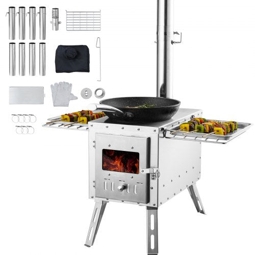 VEVOR Wood Stove, 86 inch, Stainless Steel Camping Tent Stove, Portable Wood Burning Stove with Chimney Pipes & Gloves, 3000in3Firebox Hot Tent Stove for Outdoor Cooking and Heating with 8 Pipes