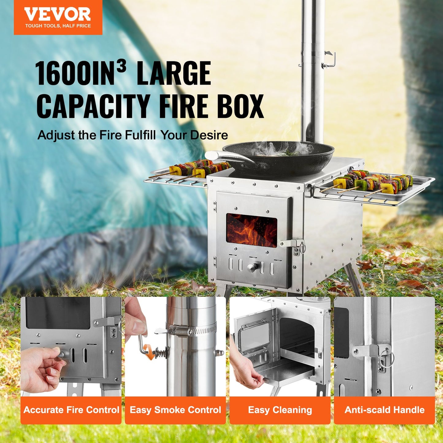 VEVOR Wood Stove, 86 inch, Stainless Steel Camping Tent Stove, Portable Wood Burning Stove with Chimney Pipes & Gloves, 3000in3Firebox Hot Tent Stove for Outdoor Cooking and Heating with 8 Pipes