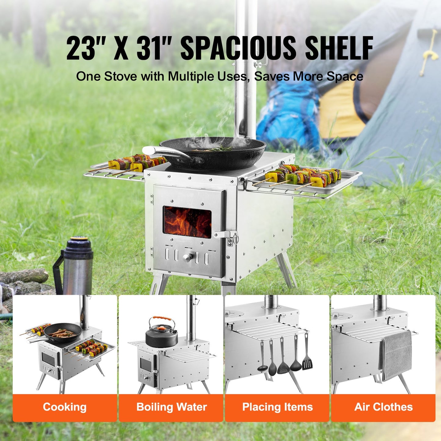 VEVOR Wood Stove, 86 inch, Stainless Steel Camping Tent Stove, Portable Wood Burning Stove with Chimney Pipes & Gloves, 3000in3Firebox Hot Tent Stove for Outdoor Cooking and Heating with 8 Pipes