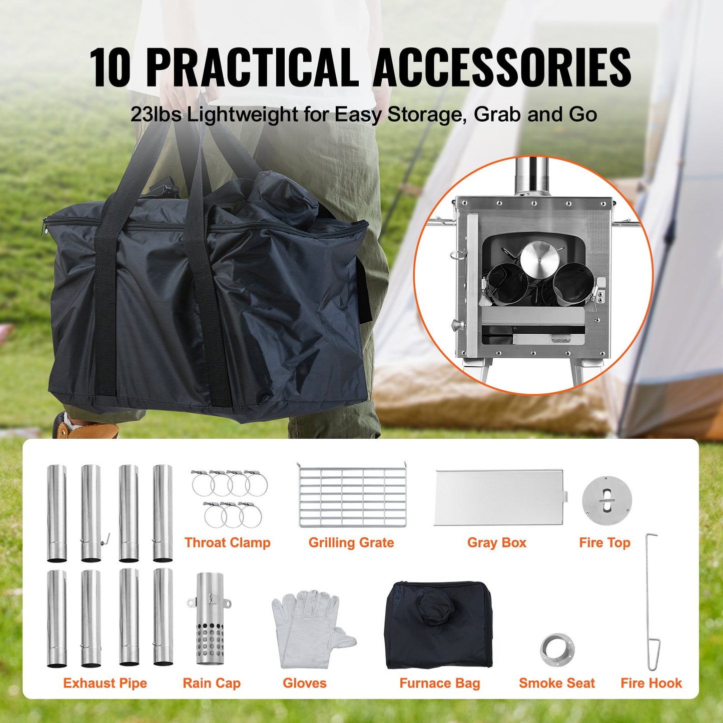VEVOR Wood Stove, 86 inch, Stainless Steel Camping Tent Stove, Portable Wood Burning Stove with Chimney Pipes & Gloves, 3000in3Firebox Hot Tent Stove for Outdoor Cooking and Heating with 8 Pipes