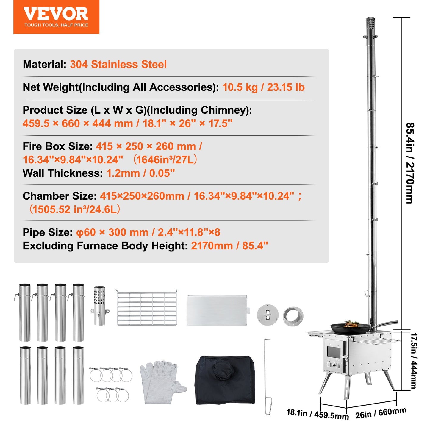 VEVOR Wood Stove, 86 inch, Stainless Steel Camping Tent Stove, Portable Wood Burning Stove with Chimney Pipes & Gloves, 3000in3Firebox Hot Tent Stove for Outdoor Cooking and Heating with 8 Pipes