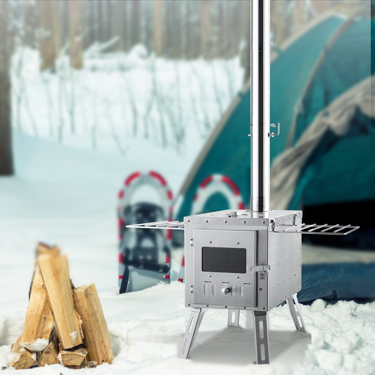 VEVOR Wood Stove, 86 inch, Stainless Steel Camping Tent Stove, Portable Wood Burning Stove with Chimney Pipes & Gloves, 3000in3Firebox Hot Tent Stove for Outdoor Cooking and Heating with 8 Pipes