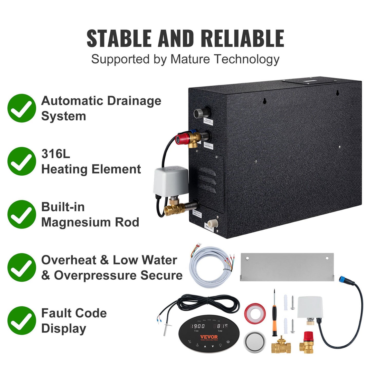 VEVOR Steam Shower Generator, 10.5 kW, Segmented Heating & Temperature Customization & 24h Timer Steam Bath Kit, Automatic Drainage Luxury Home Steam Shower System, Acrylic Room Max. 355 Cu. Ft.