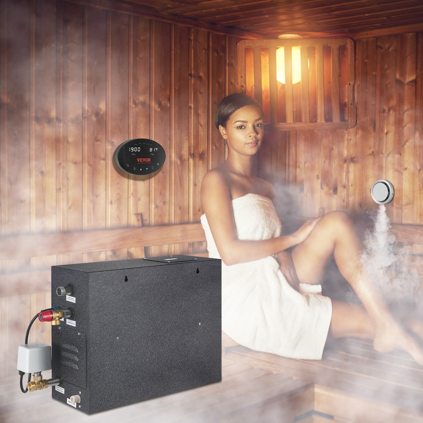 VEVOR 12KW Steam Shower Generator, Segmented Heating & Temperature Customization & 24h Timer Steam Kit, Automatic Drainage Home Steam Shower System