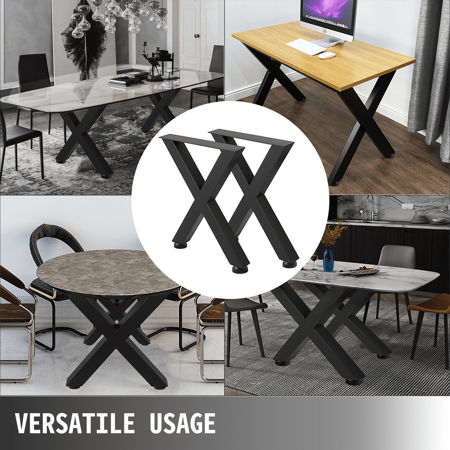 VEVOR Set of 2 Steel Table Legs, 16''Height 15''Wide Dining Table Legs, Heavy Duty 3.1 Square Box Section X Frame Table Legs, 16x15x3.1 Inch Black Color Industrial Country Style Metal Dining Legs